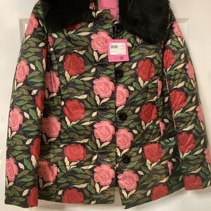 Kate Spade Rosegarden Floral Puffer Jacket with Faux Fur Collar